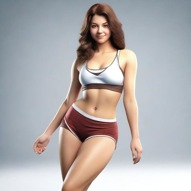 This is a photo-realistic 3D render of a slim Caucasian young woman with brown hair and a curvy figure