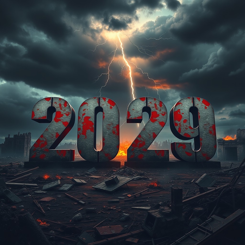 An intense and dramatic scene displaying the year '2029' in large, bold typography, surrounded by a catastrophic environment