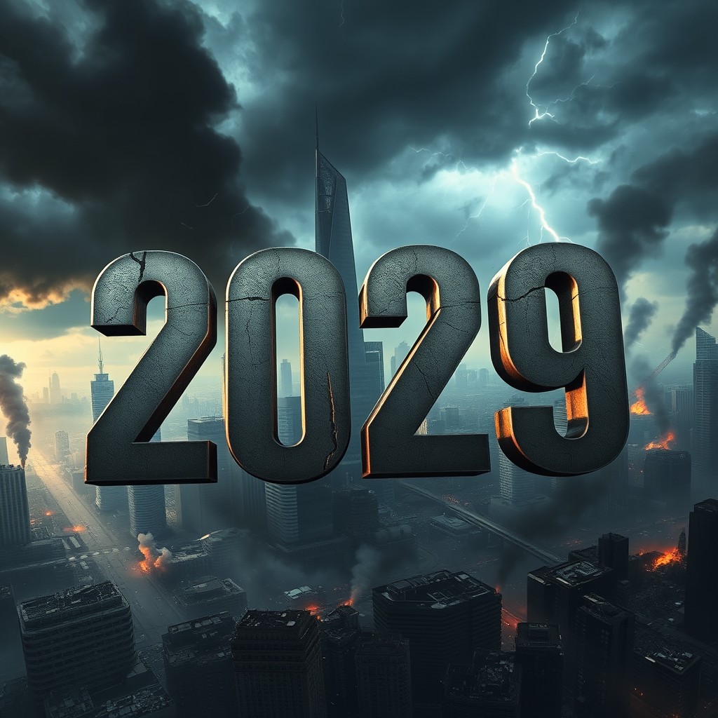 A large, dramatic text displaying the number "2029" prominently in the foreground, set against a chaotic cityscape filled with destruction