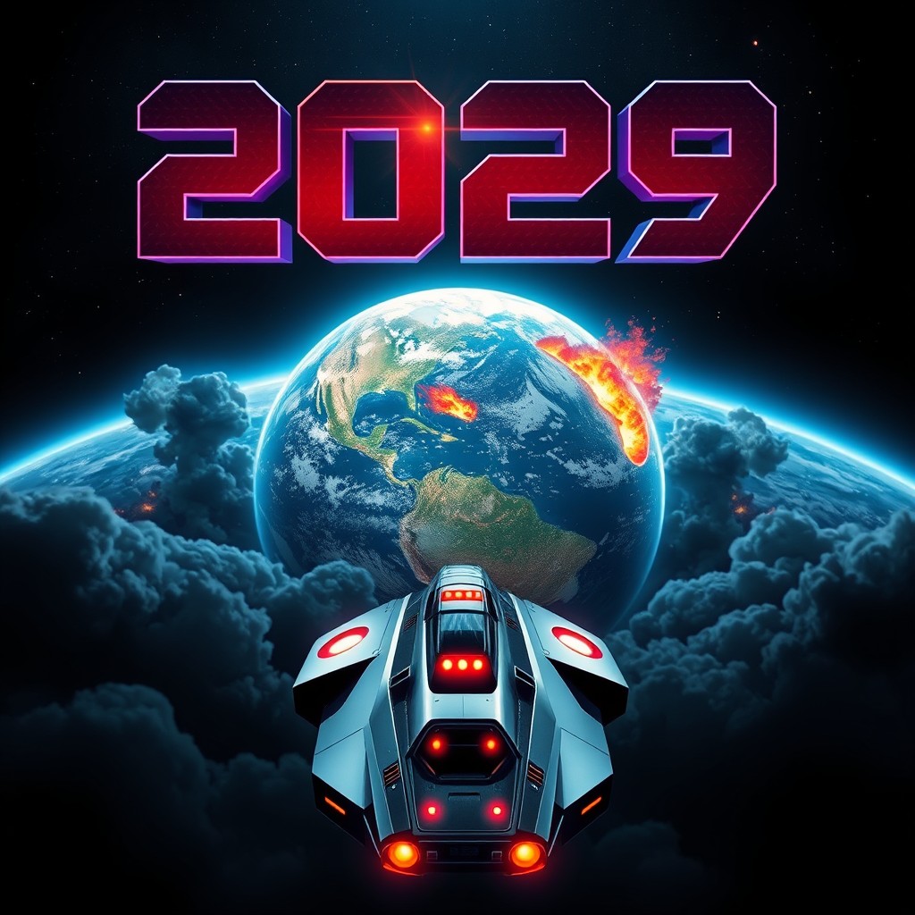 A movie poster design depicting a sci-fi theme set in space, featuring a destroyed Earth in the background