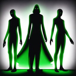 A high-quality digital art image showcasing three shadowy figures