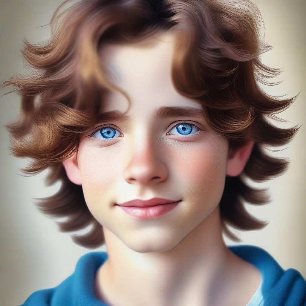 A digital art portrait of a 14-year-old boy with wavy brown hair and captivating blue eyes