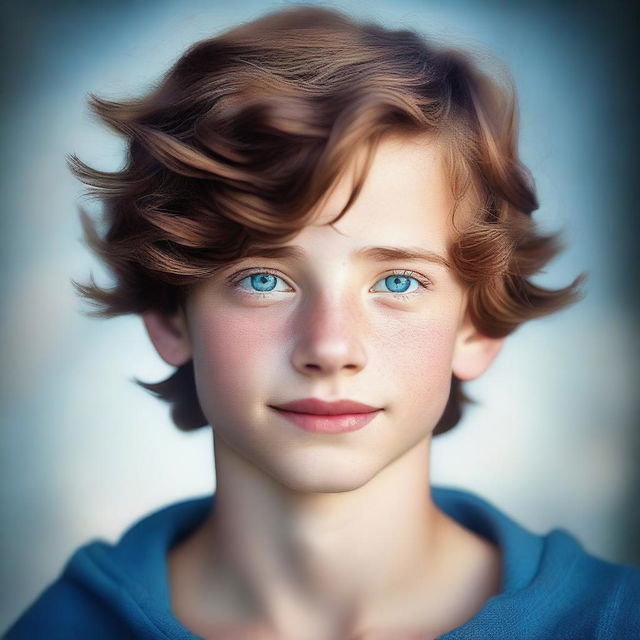 A digital art portrait of a 14-year-old boy with wavy brown hair and captivating blue eyes