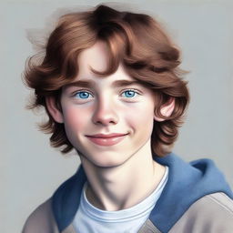 A digital art portrait of a 14-year-old boy with wavy brown hair and captivating blue eyes