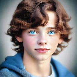 A digital art portrait of a 14-year-old boy with wavy brown hair and captivating blue eyes