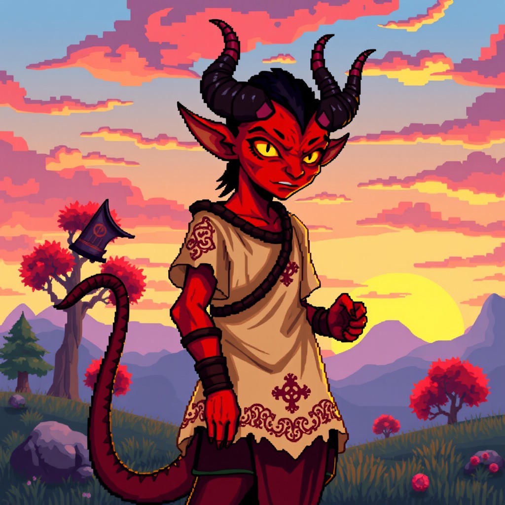 A vibrant 8-bit art style depiction of a tiefling character, featuring characteristic horns and a long, pointed tail