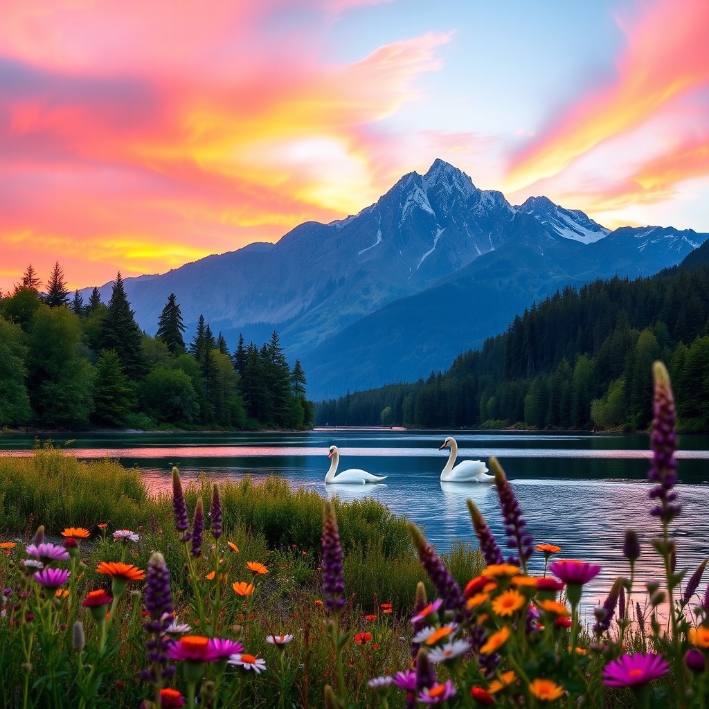 A serene landscape during sunset, showcasing a beautiful mountain range in the background with a vibrant orange and pink sky