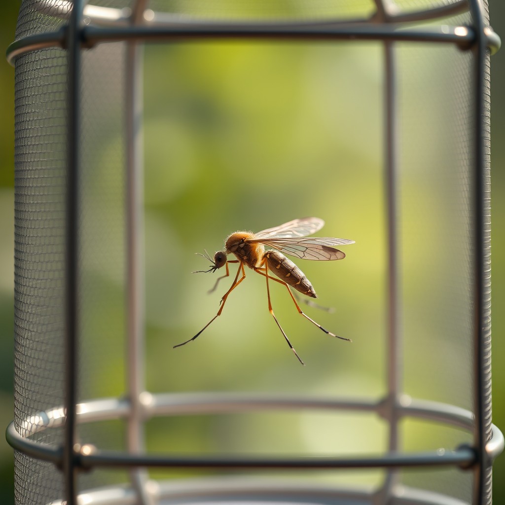A realistic depiction of a mosquito contained within a transparent cage