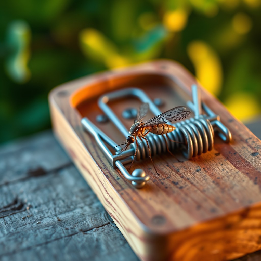 A close-up image of a creatively designed mousetrap with a mosquito caught inside