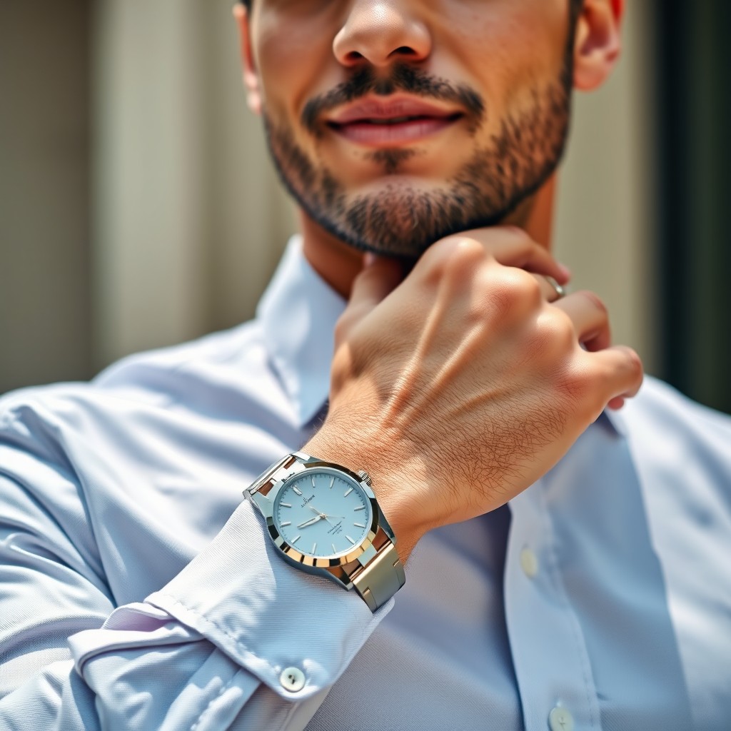 A stylish man wearing a crisp, tailored dress shirt, featuring fine details and a smart, polished look