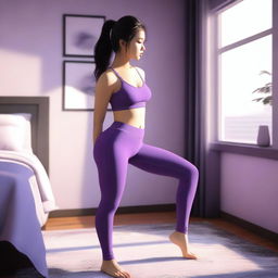 This digital art image captures a beautiful Asian girl, donned in transparent purple leggings, in a back squatting position in a bedroom setting