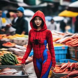 A beautiful Indonesian woman wearing a Spiderman costume with a hoodie, walking through a bustling fish market