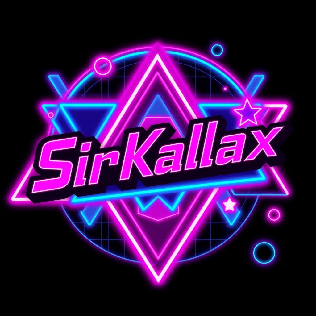 An 80's retro inspired logo for the gamertag 'SirKallax', featuring vibrant neon colors such as pink, blue, and purple