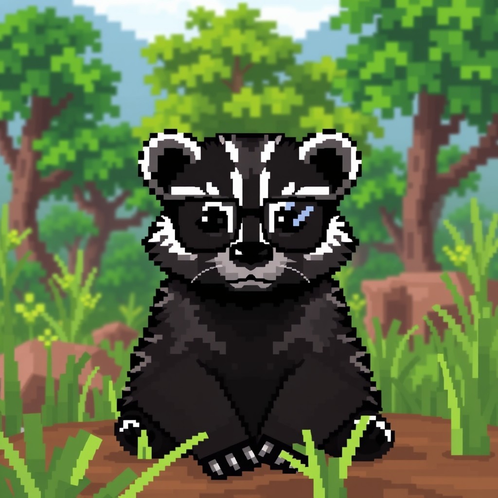 A pixel art black honey badger wearing glasses, styled in a Minecraft aesthetic, sitting in a safari environment while looking directly at the camera