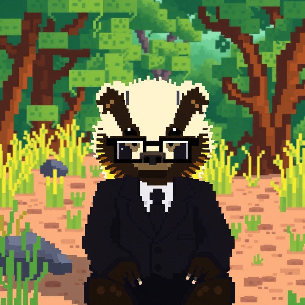 A pixel art depiction of a honey badger anthropomorphized as a human wearing a black formal suit and glasses, styled in a Minecraft aesthetic
