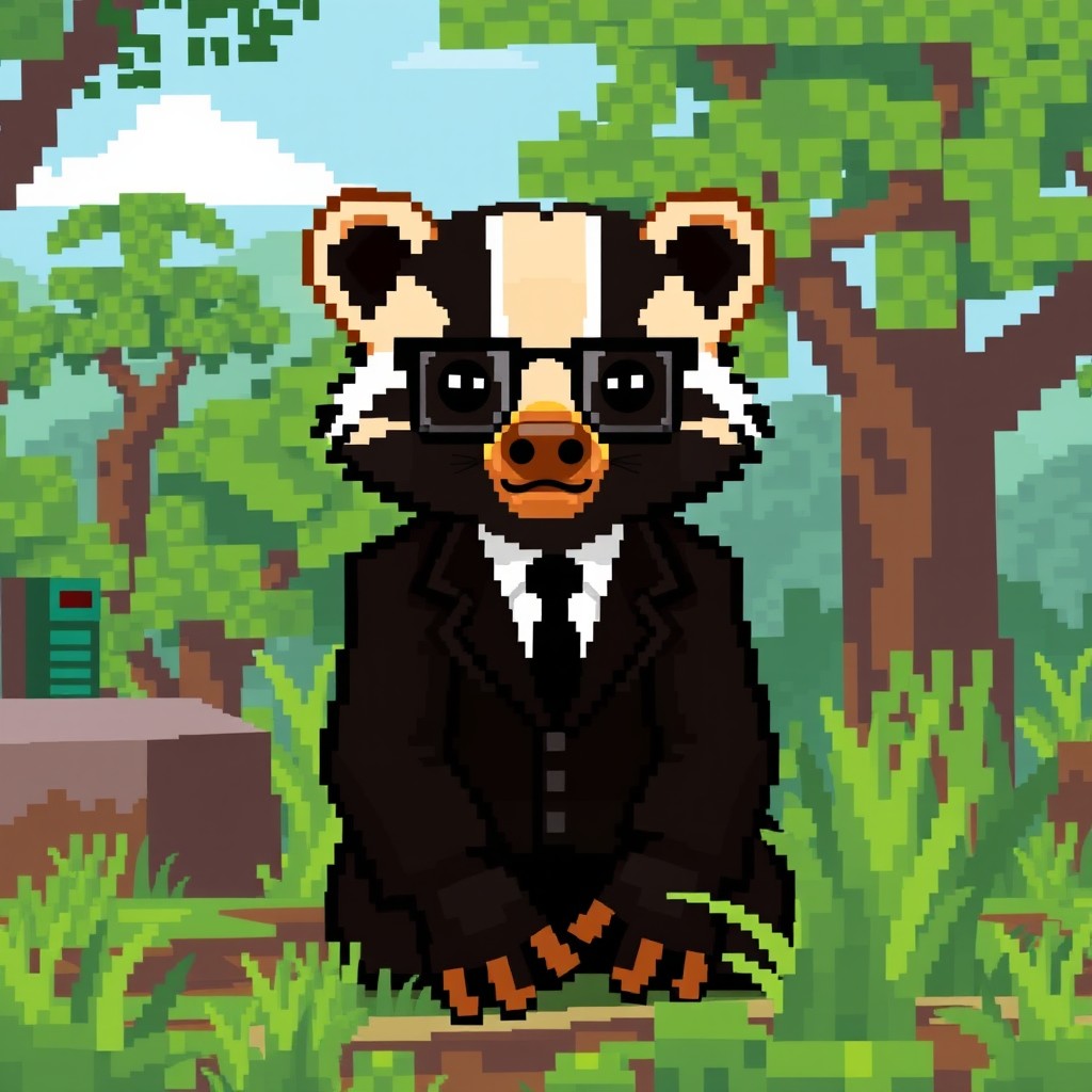 A pixel art representation of a honey badger anthropomorphized as a human, dressed in a black formal suit and wearing glasses