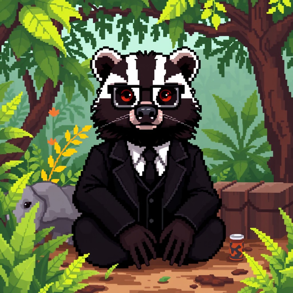 A pixel art representation of a honey badger anthropomorphized as a human, dressed in a black formal suit and wearing glasses, blending a bit of realism with a Minecraft aesthetic