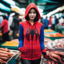 A beautiful Indonesian woman wearing a Spiderman costume with a hoodie, walking through a bustling fish market