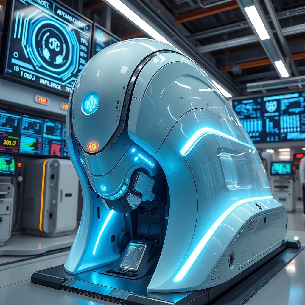 A futuristic machine designed for advanced tasks, featuring sleek, metallic elements and glowing LED lights, resembling a blend of high-tech robotics and abstract art