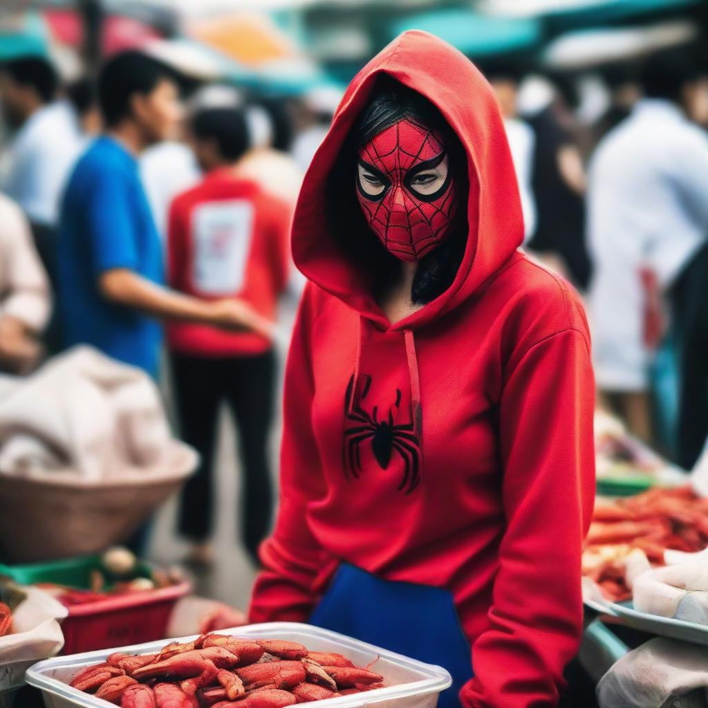 A beautiful Indonesian woman wearing a Spiderman costume with a hoodie, walking through a bustling fish market