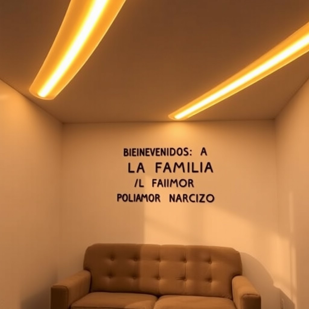 A cozy room featuring a single sofa adorned with modern LED lighting on the ceiling, casting a warm ambiance
