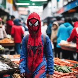 A beautiful Indonesian woman wearing a Spiderman costume with a hoodie, walking through a bustling fish market