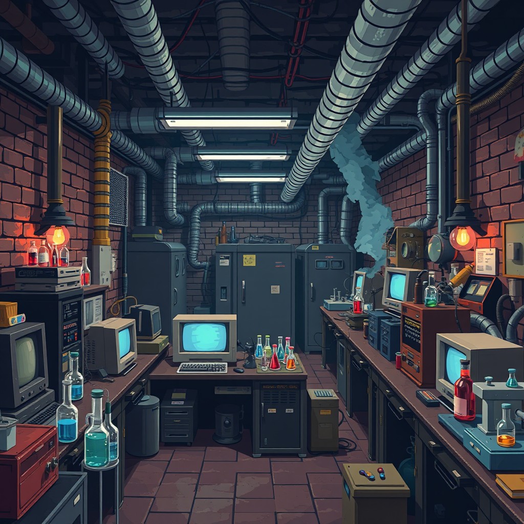 A detailed pixel art style depiction of a Soviet underground laboratory, showcasing vintage scientific equipment, dim lighting, and brick walls with exposed pipes