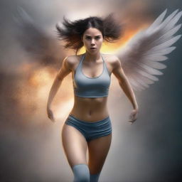 This is a high-quality digital art piece that depicts a Nike girl running with great power