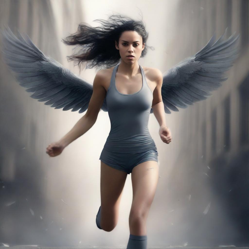 This is a high-quality digital art piece that depicts a Nike girl running with great power