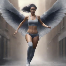 This is a high-quality digital art piece that depicts a Nike girl running with great power