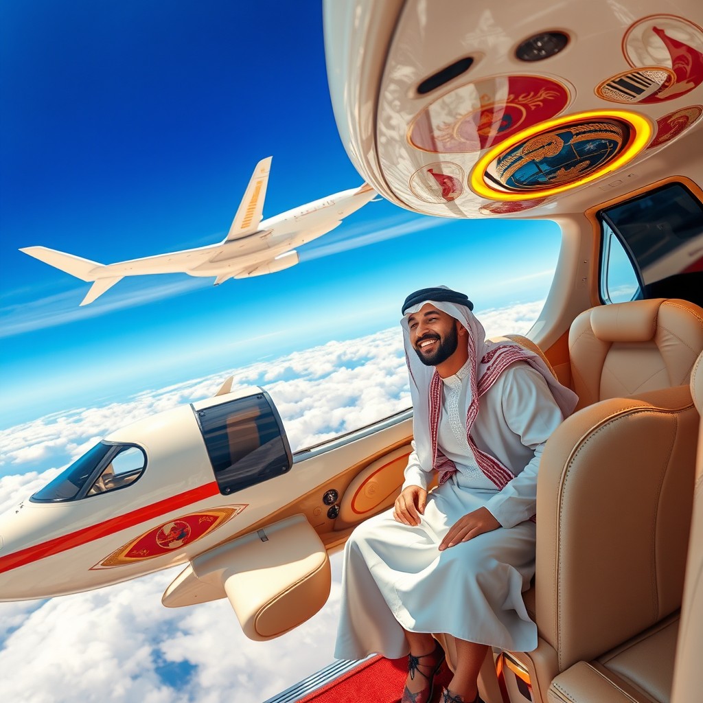 A luxury jet, extravagantly customized with opulent designs and rich colors, flying through a bright blue sky