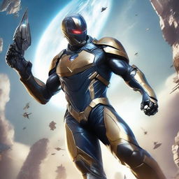 Create a futuristic image of Ki Singalodra, a Commander from the future, landing on earth, ready to eradicate evil and join the Avengers.