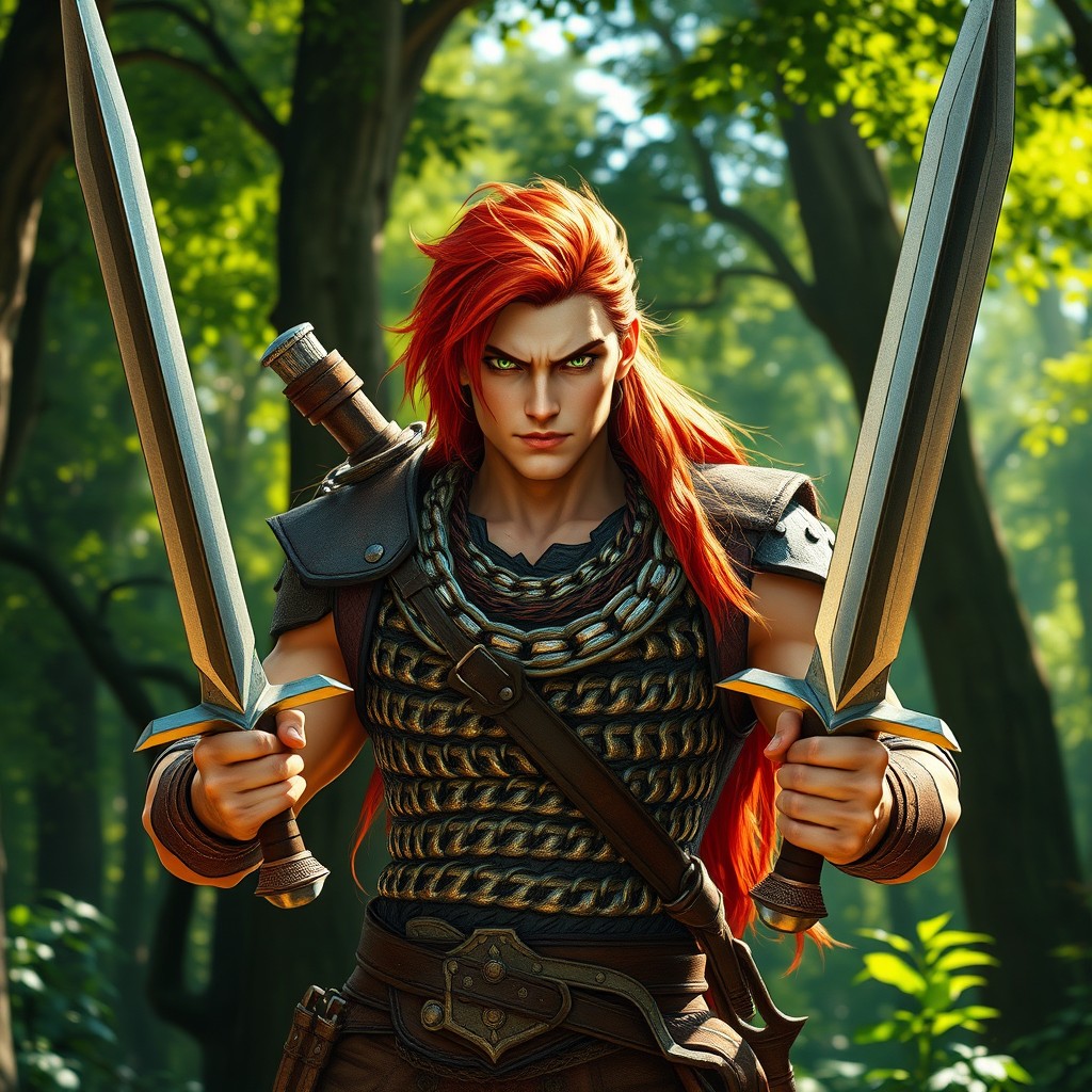 A fierce red-haired human Ranger with striking green eyes, clad in a detailed chain shirt that glimmers in the sunlight