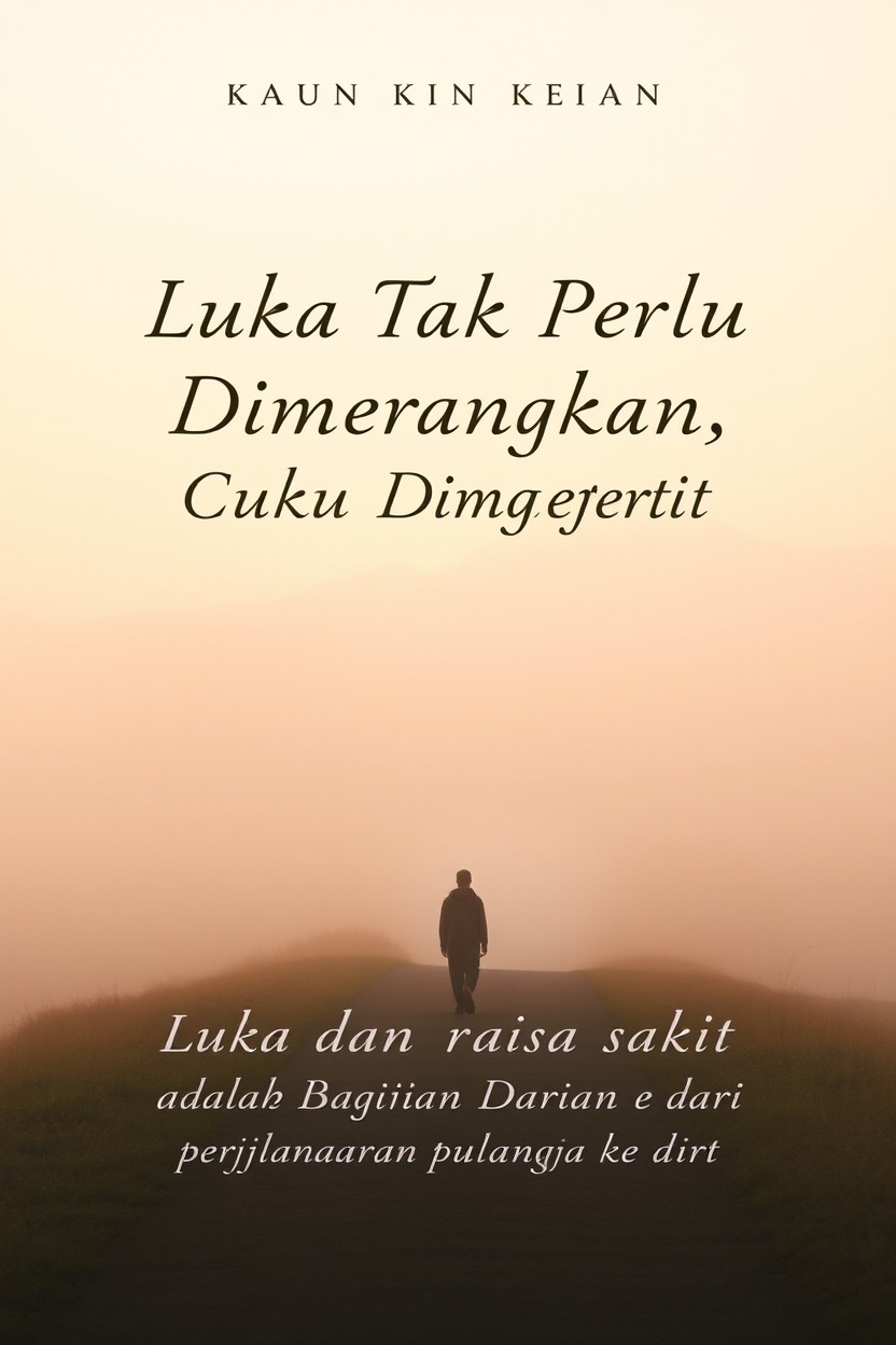 A minimalist and poetic book cover featuring a lone human figure walking on a quiet path surrounded by a misty forest or soft hills at sunrise