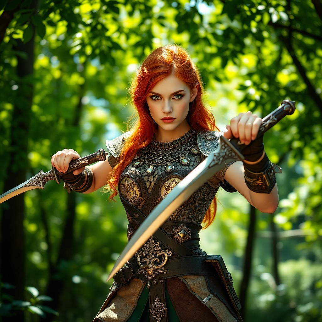 A fierce red-haired female ranger with striking green eyes, standing confidently in a lush forest