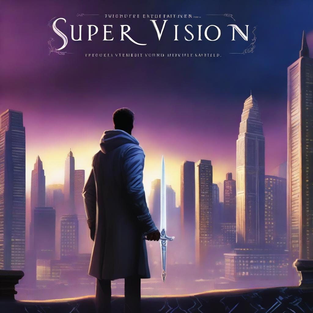 A high-quality digital art depicting an urban fantasy novel cover named 'Super Vision: Dark Chains and White Sword'