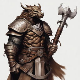 This is a high-quality digital art piece showcasing a bronze Dragonborn Viking, a character from the Dungeons and Dragons universe