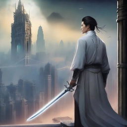 This is a high-quality digital art image for the cover of an urban fantasy novel named 'Super Vision: Dark Chains and White Sword' by the author 'Yu Teng Bo Yuan'