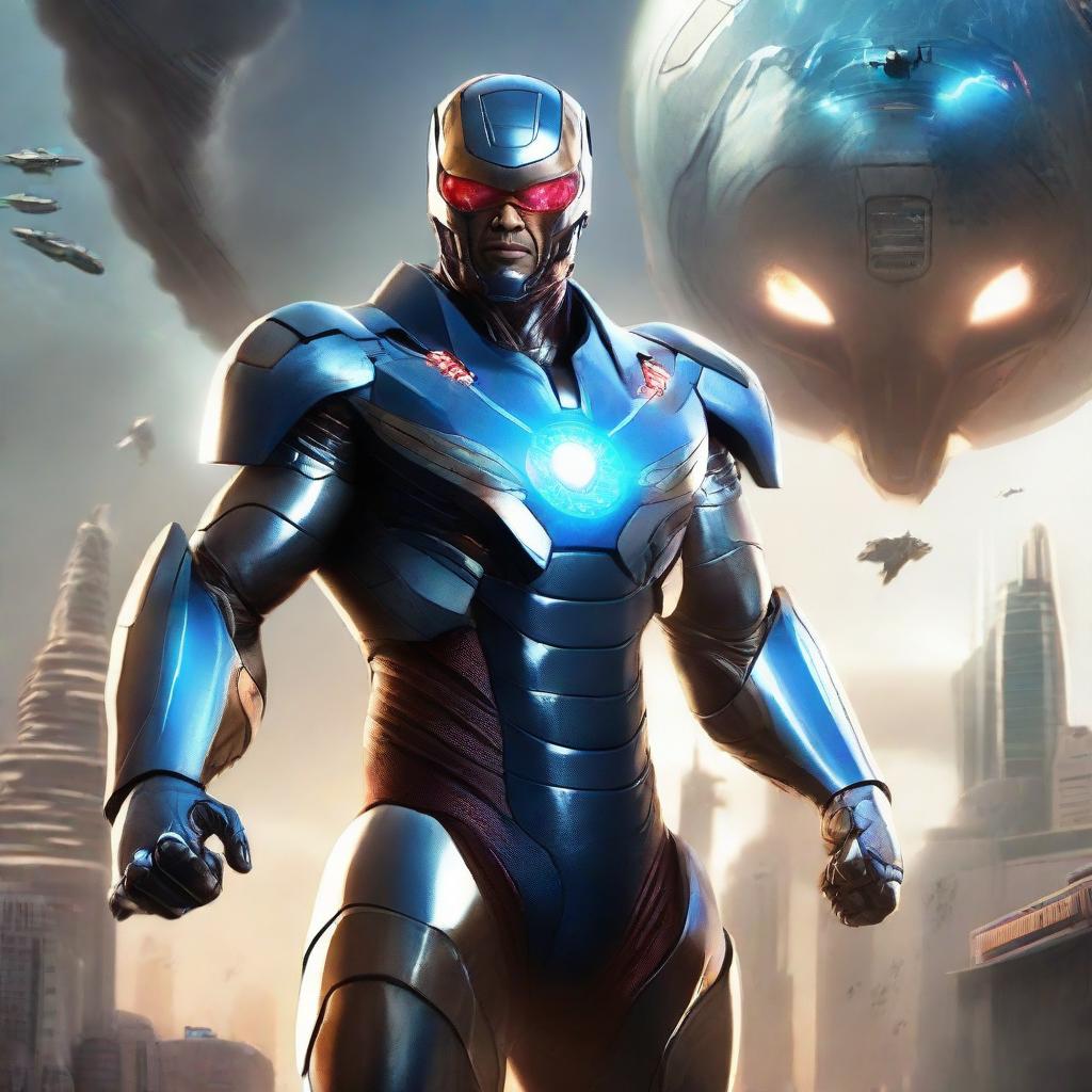 Create a futuristic image of Ki Singalodra, a Commander from the future, landing on earth, ready to eradicate evil and join the Avengers.
