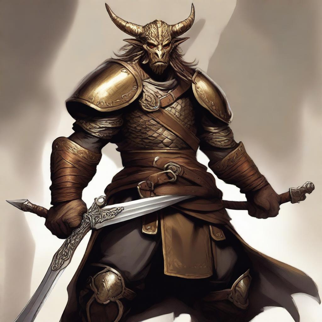 A high-quality digital art piece depicting a bronze-colored Dragonborn Viking from the Dungeons and Dragons universe