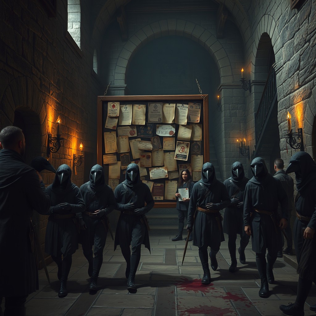 A dimly lit medieval mercenary guild hall featuring stone walls and gothic architecture