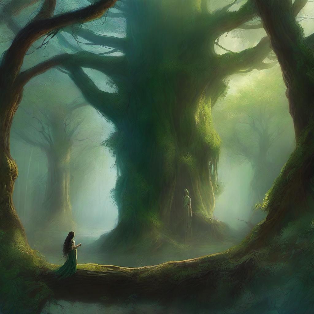 This exquisite digital art depicts the mystical forest of Elysium's Edge on the brink of war