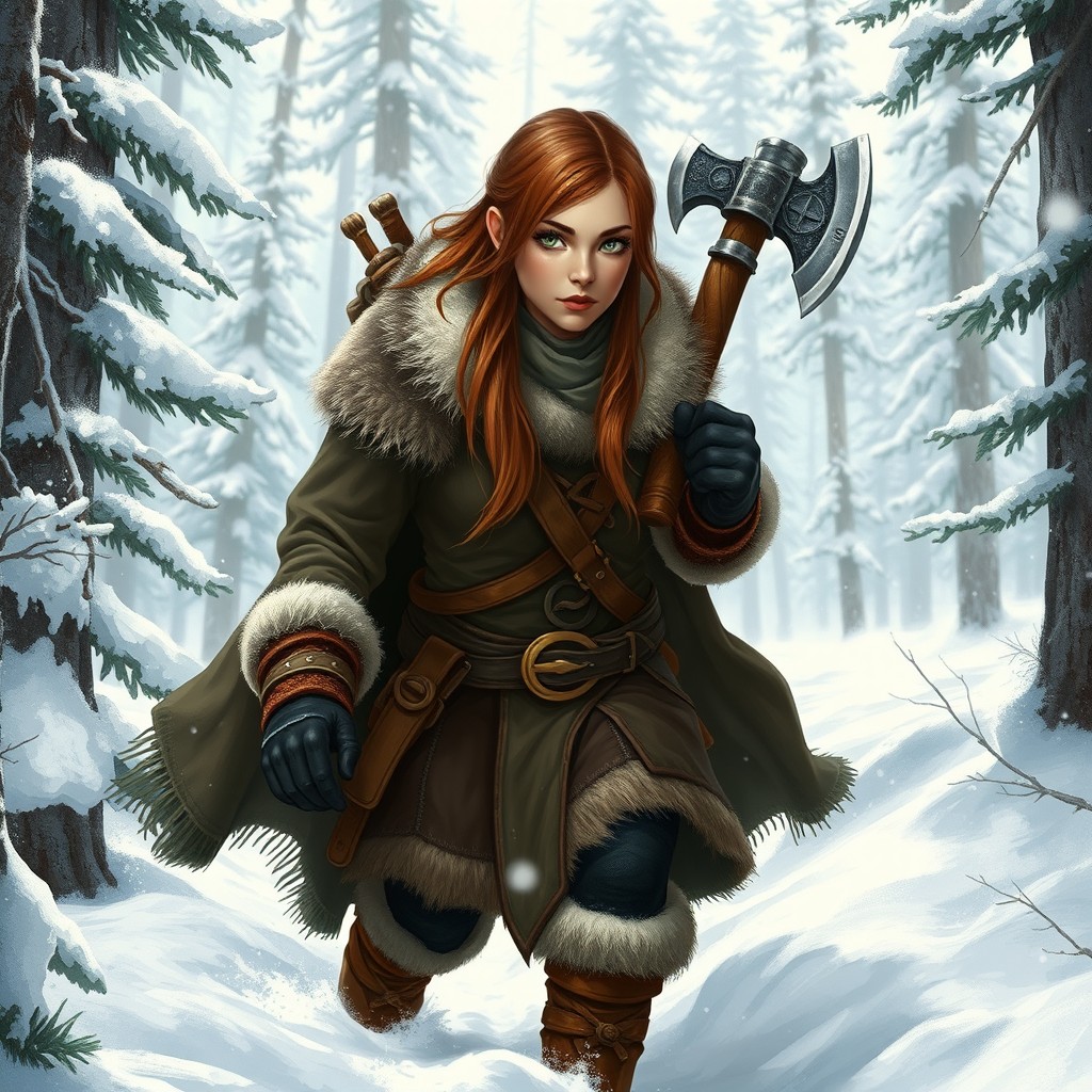 A brown-haired, green-eyed female dwarven cleric trudging through a snowy winter forest