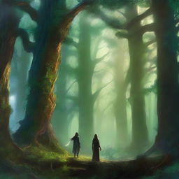 This exquisite digital art depicts the mystical forest of Elysium's Edge on the brink of war