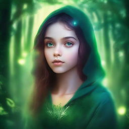 A captivating digital art piece for a mystical story, featuring a girl with eyes reflecting the twilight sky beneath an emerald forest canopy