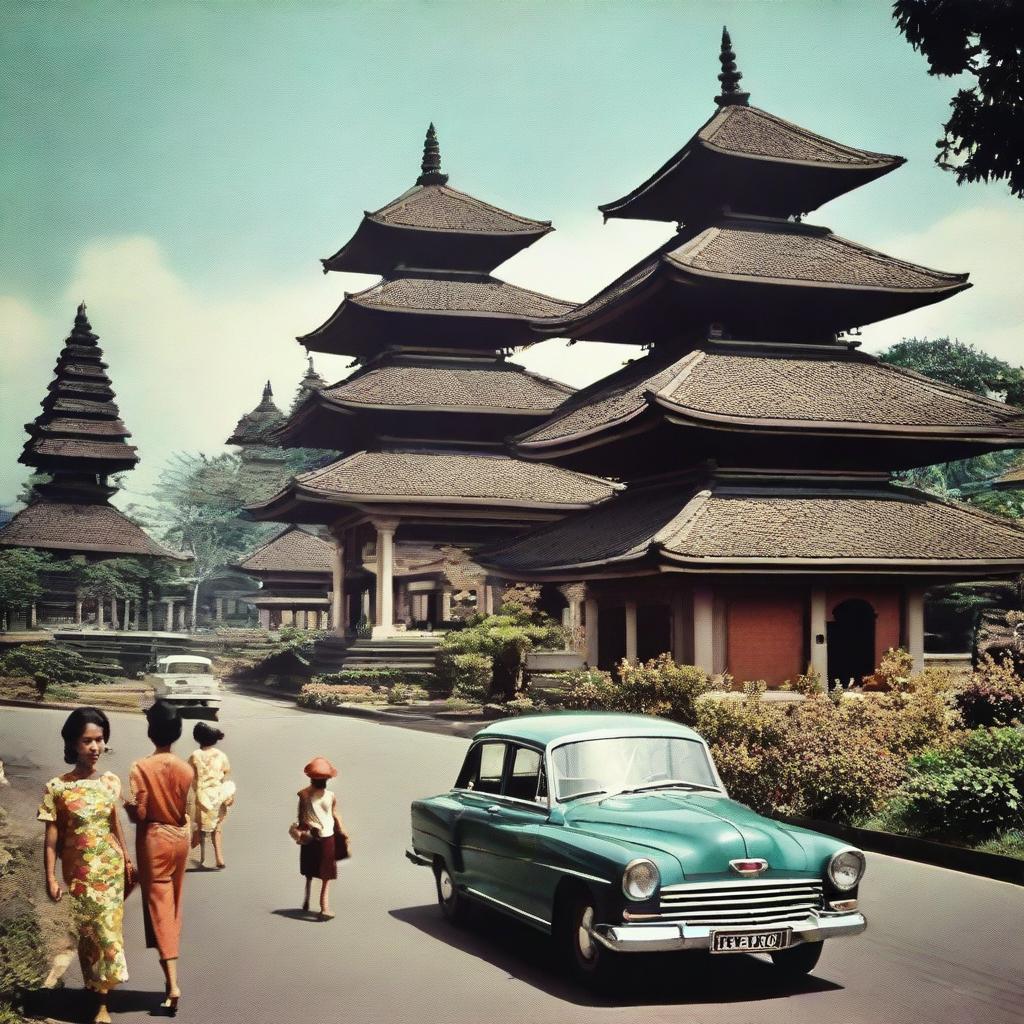 Vintage scene of Indonesia in 1960s, depicting architecture, fashion, and daily life