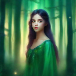 A captivating digital art piece for a mystical story, featuring a girl with eyes reflecting the twilight sky beneath an emerald forest canopy