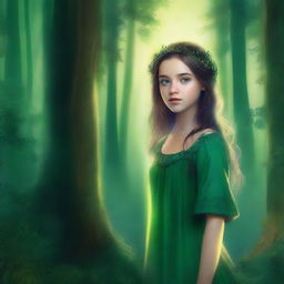 A captivating digital art piece for a mystical story, featuring a girl with eyes reflecting the twilight sky beneath an emerald forest canopy