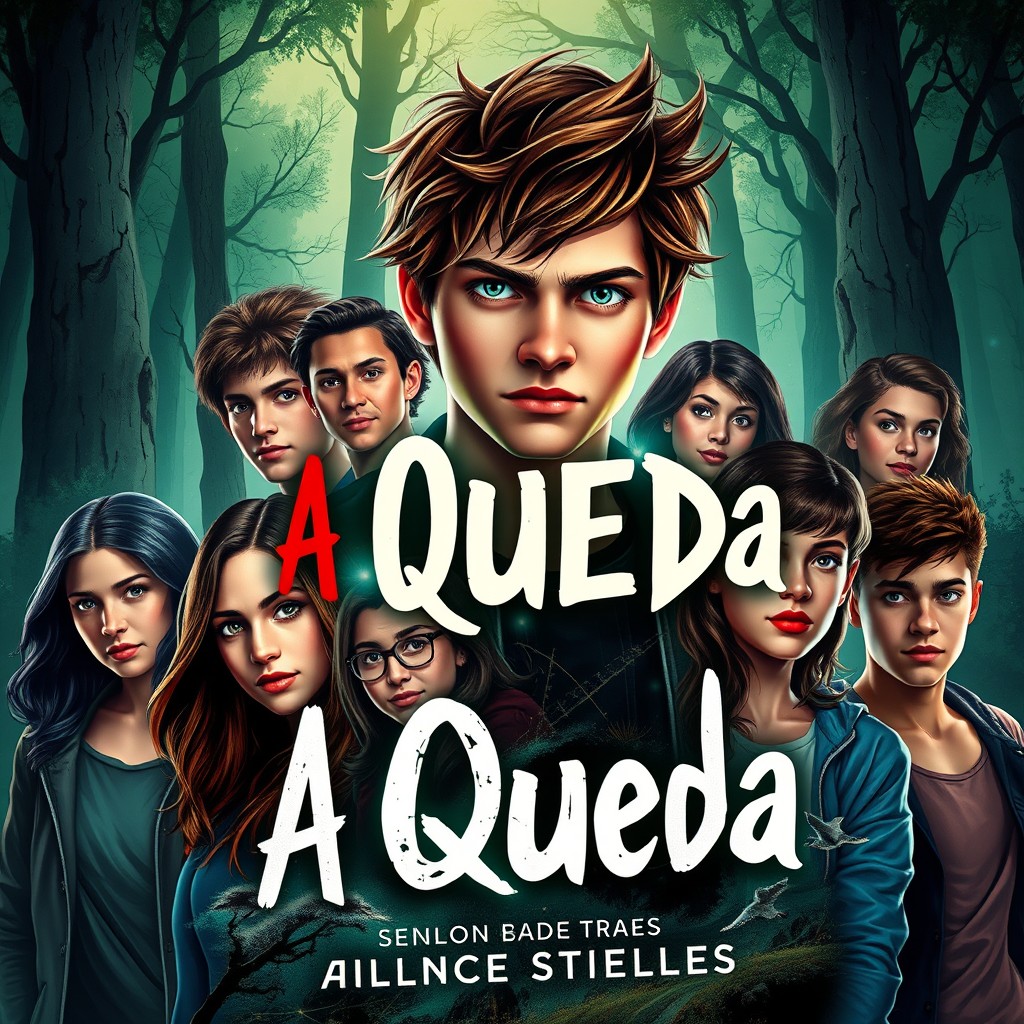 A dynamic and engaging book cover for a teen novel titled 'A Queda', featuring all the main characters from a high school supernatural drama
