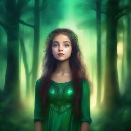 A captivating digital art piece for a mystical story, featuring a girl with eyes reflecting the twilight sky beneath an emerald forest canopy